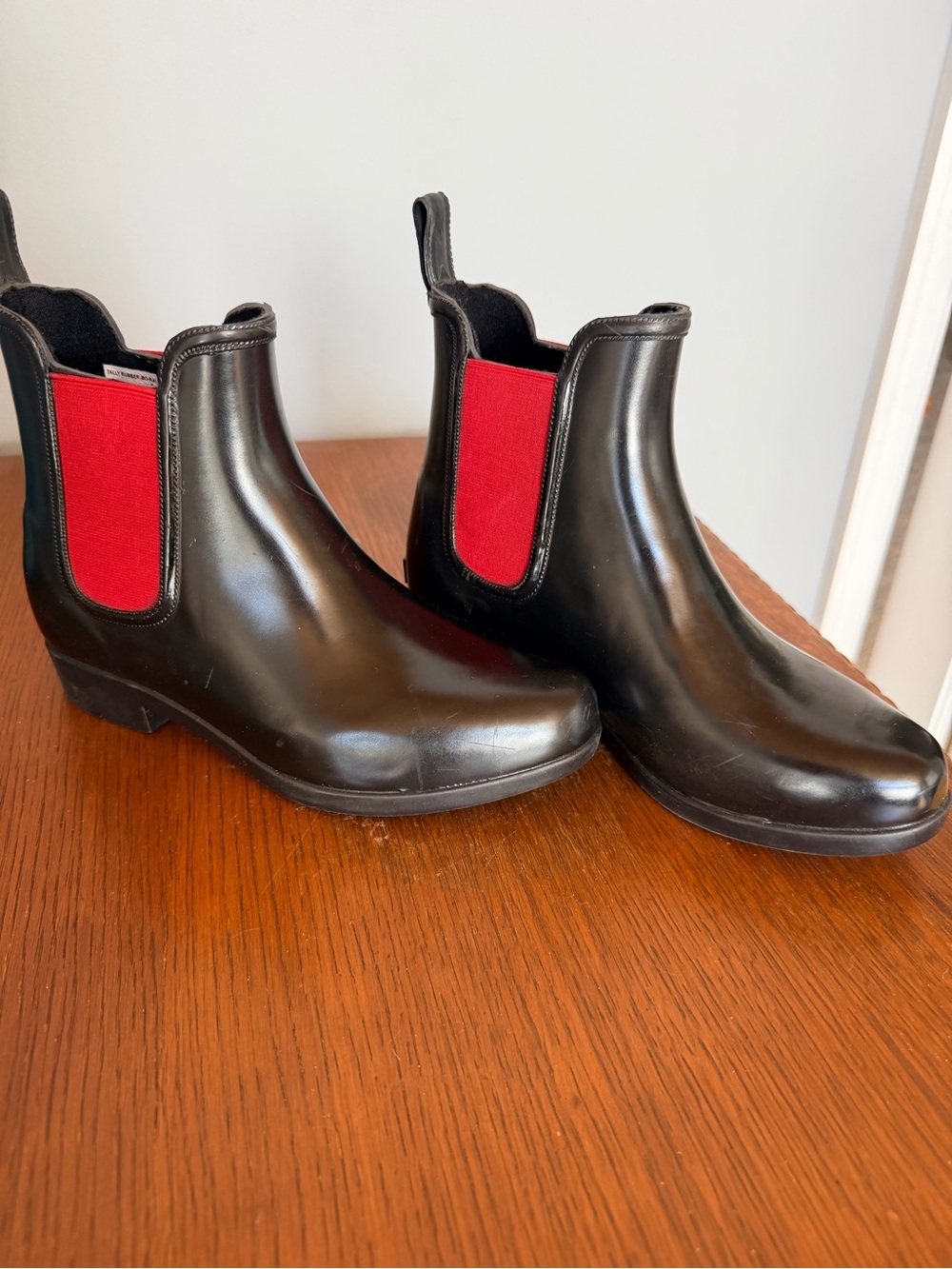 Lauren- Ralph Lauren Black Chelsea Rubber Rain Boots with Red Elastic Panels